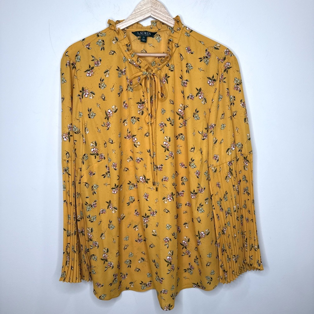 Lauren Ralph Lauren Mustard Yellow Floral Tie-Neck Blouse